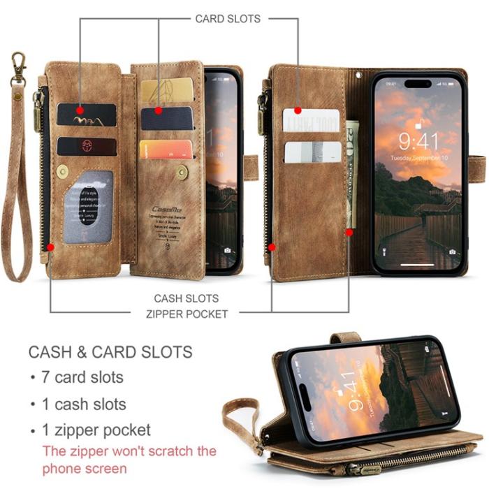 Caseme - CASEME iPhone 15 Pro Plånboksfodral C30 Zipper - Brun