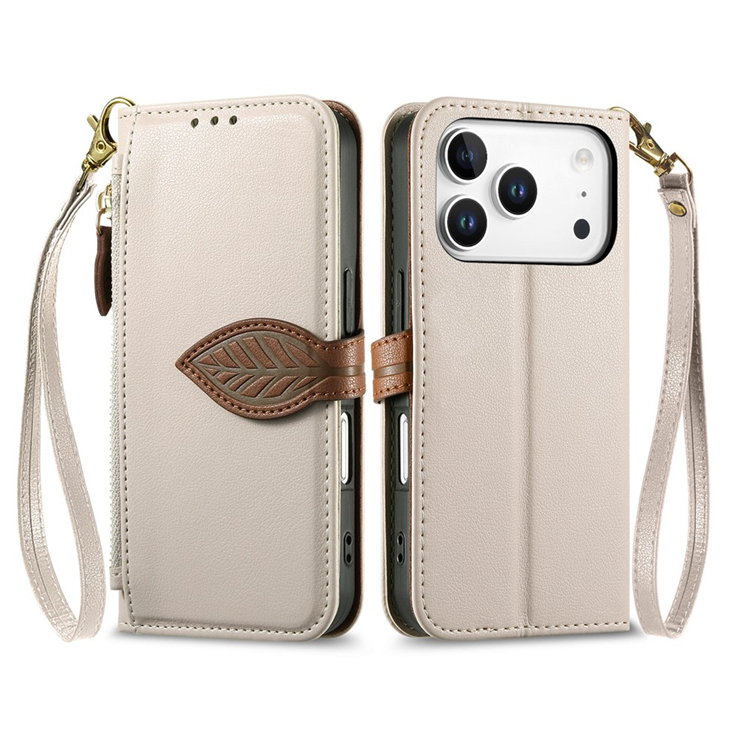 iPhone 17 Pro Max Plånboksfodral Leaf Magnetiskt Spänne Konstläder - Beige (Beige) | 2353 | AlltMobil