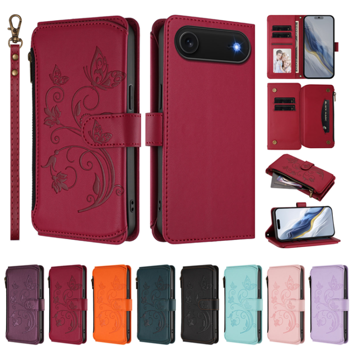 A-One Brand - iPhone 17 Air Plånboksfodral Butterfly Floral Imprint - Vinröd