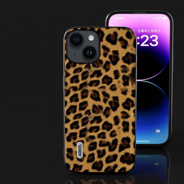ABEEL - ABEEL Mobilskal till iPhone 14 Plus PU Läder Leopardmönster Guld