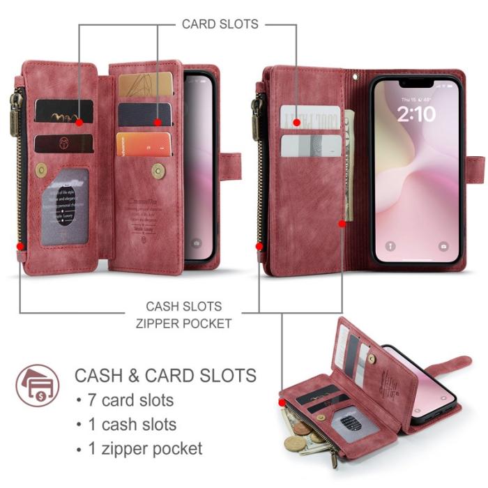 Caseme - CASEME Konstläder Plånboksfodral för iPhone 16e med Rem och Kortfack - Röd