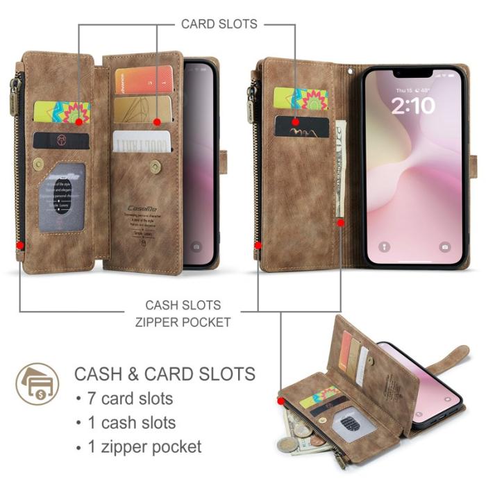 Caseme - CASEME Konstläder Plånboksfodral för iPhone 16e med Rem och Kortfickor - Brun