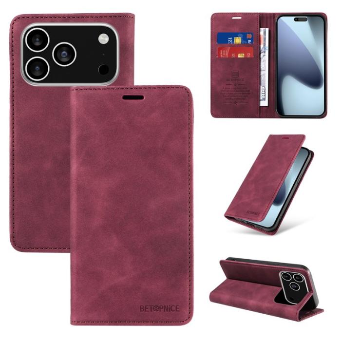 BETOPNICE - BETOPNICE iPhone 17 Pro Plånboksfodral Konstläder - Röd