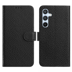A-One Brand - Galaxy S25 Plus Plånboksfodral Äkta Läder Litchi - Svart