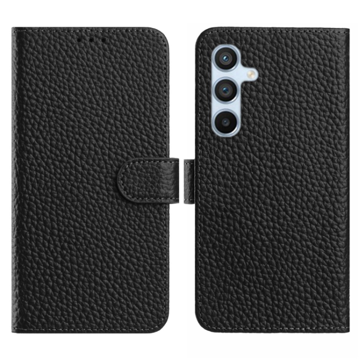 A-One Brand - Galaxy S25 Plus Plånboksfodral Äkta Läder Litchi - Svart