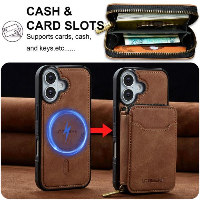LC.imeeke - LC.IMEEKE L6 iPhone 16 Plus Plånboksfodral Konstläder - Brun