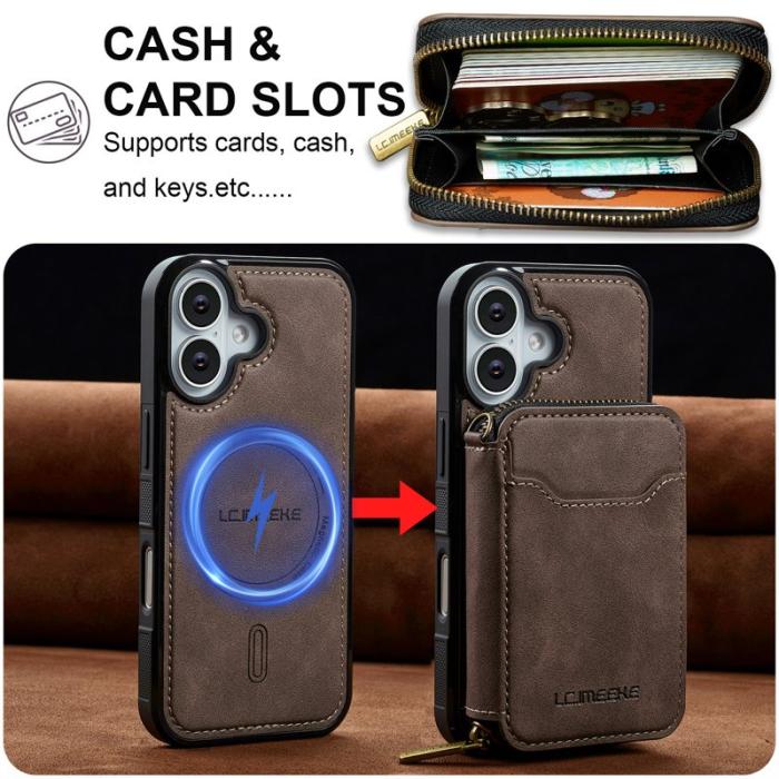 LC.imeeke - LC.IMEEKE L6 iPhone 16 Plus Plånboksfodral Konstläder - Brun
