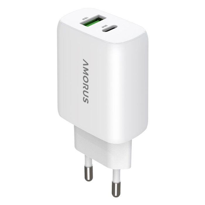 Amorus - AMORUS GaN Snabbladdare 30W USB-C - USB-A EU PD - Vit