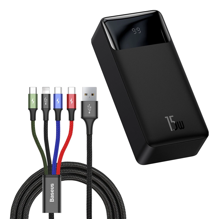 Baseus Powerbank 30000mAh 15W Bipow Med 4in1 Kabel - Svart | 505295 | AlltMobil