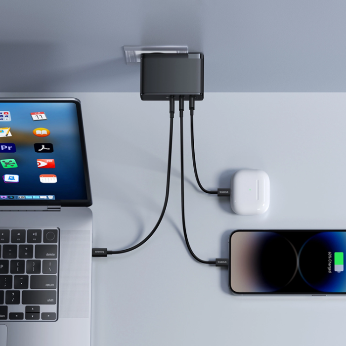 BASEUS - Baseus GaN5 Pro Väggladdare 160W 2x USB-C/USB-A + USB-C Kabel