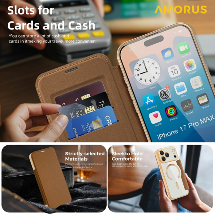Amorus - AMORUS iPhone 17 Pro Max Plånboksfodral MagSafe RFID - Brun