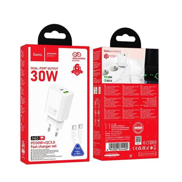 Hoco - Hoco Snabbladdare 30W 1xUSB-A 1xUSB-C med USB-C Kabel N63 - Vit