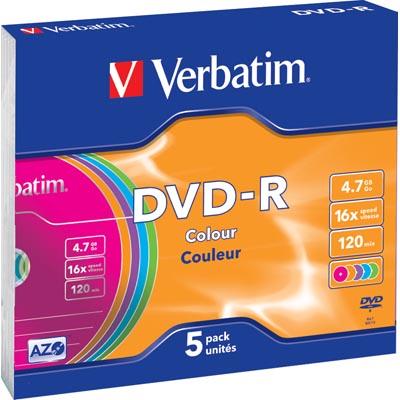 Verbatim DVD-R, 16x, 4,7GB/120min, 5-pack slim case, AZO, färgade | 2353 | AlltMobil