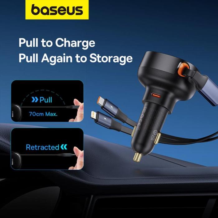 BASEUS - Baseus Enjoyment USB-C Billaddare med USB-C/Lightning 60W kabel - Svart