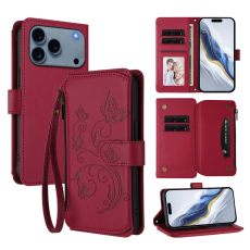 A-One Brand - iPhone 17 Pro Plånboksfodral Butterfly Floral Imprint - Vinröd
