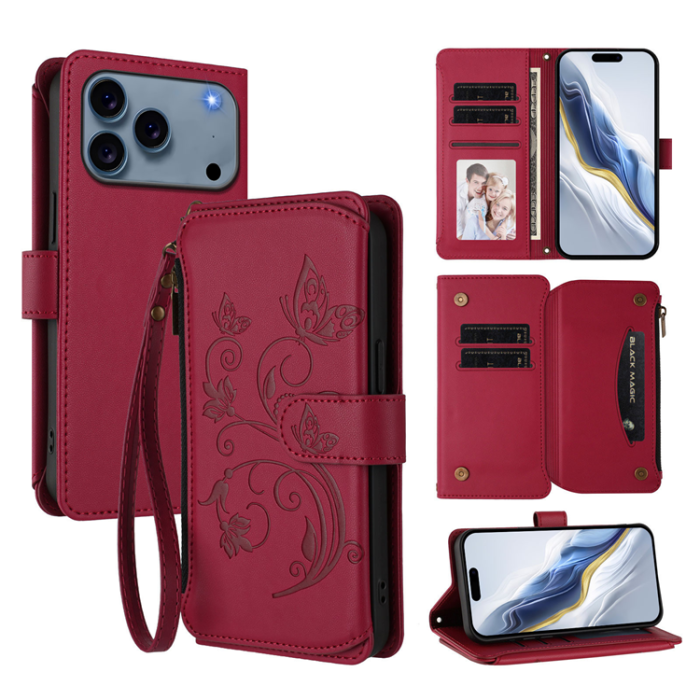 A-One Brand - iPhone 17 Pro Max Plånboksfodral Butterfly Floral Imprint - Vinröd