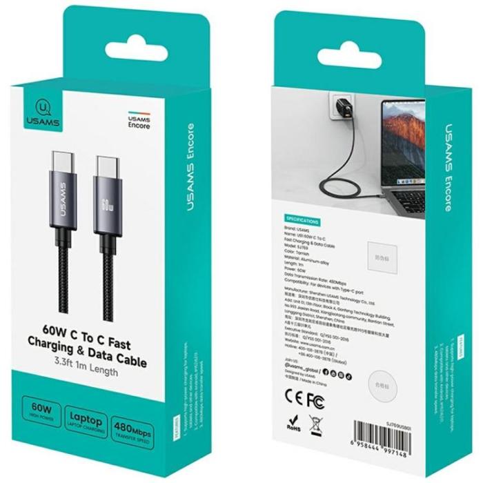 USAMS - USAMS USB-C till USB-C 60W Kabel 1m U91 - Tarnish