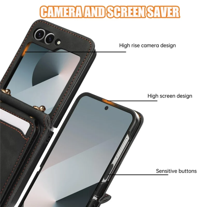 A-One Brand - Galaxy Z Flip7 Plånboksfodral Kickstand med Axelrem - Svart