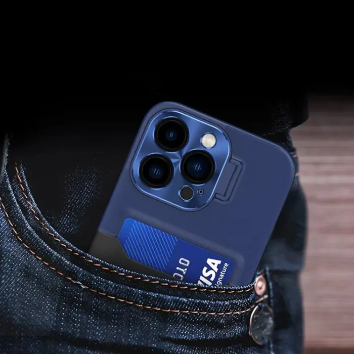 OEM - iPhone 14 Plus Skal Korthållare Läder Kickstand - Blå