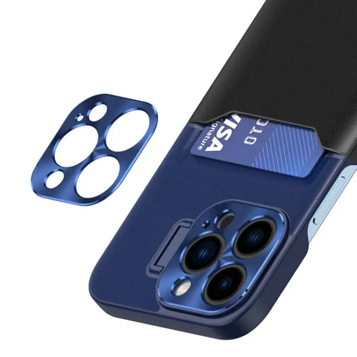 OEM - iPhone 14 Plus Skal Korthållare Läder Kickstand - Blå