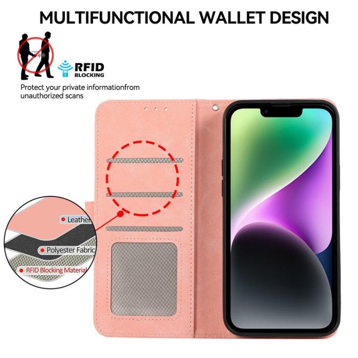 ABEEL - ABEEL iPhone 14 Plus Plånboksfodral KonstLäder RFID-Skydd - Rosa