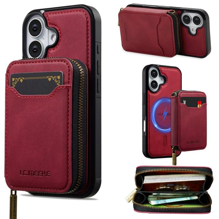 LC.imeeke - LC.IMEEKE L6 iPhone 16 Plus Plånboksfodral Konstläder - Röd