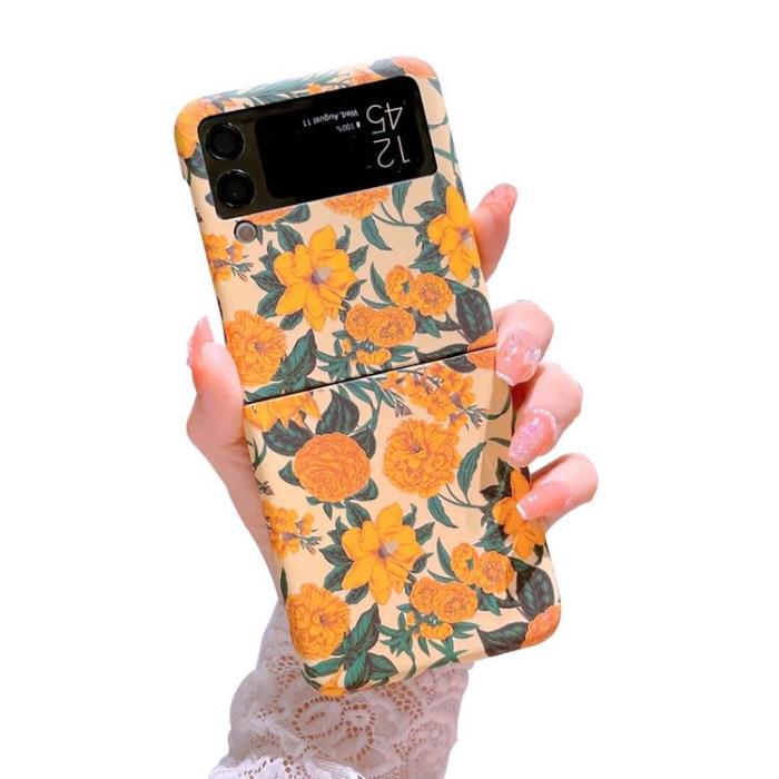 A-One Brand - Galaxy Z Flip 4 Skal Hard PC Floral Pattern - Gul Flower