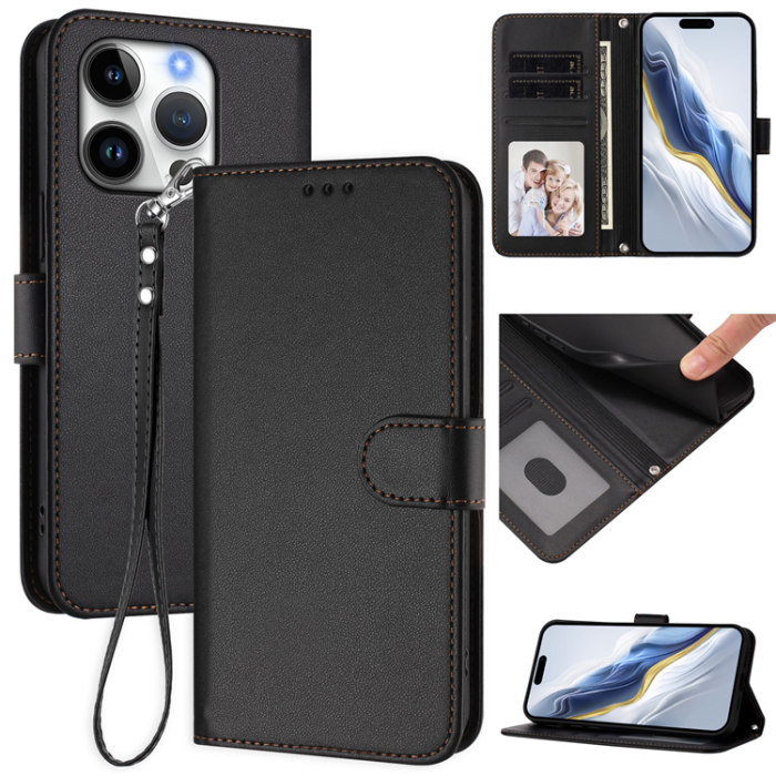 A-One Brand - iPhone 15 Pro Plånboksfodral Läder med Handledsrem - Svart