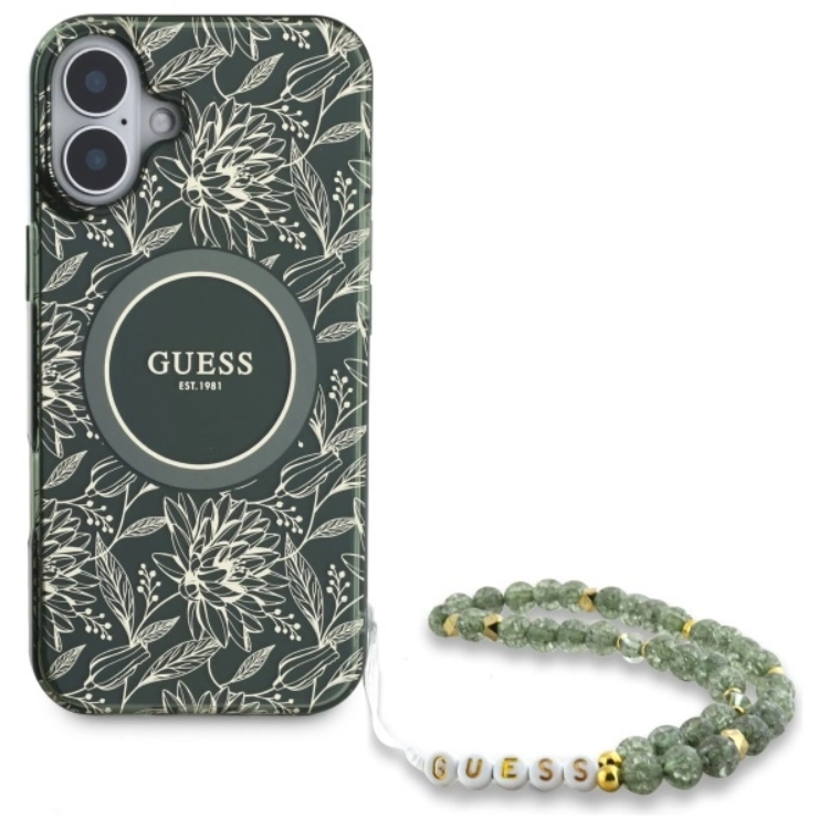 Guess iPhone 16 Plus Mobilskal MagSafe IML Flowers Med Strap - Grön | 2353 | AlltMobil