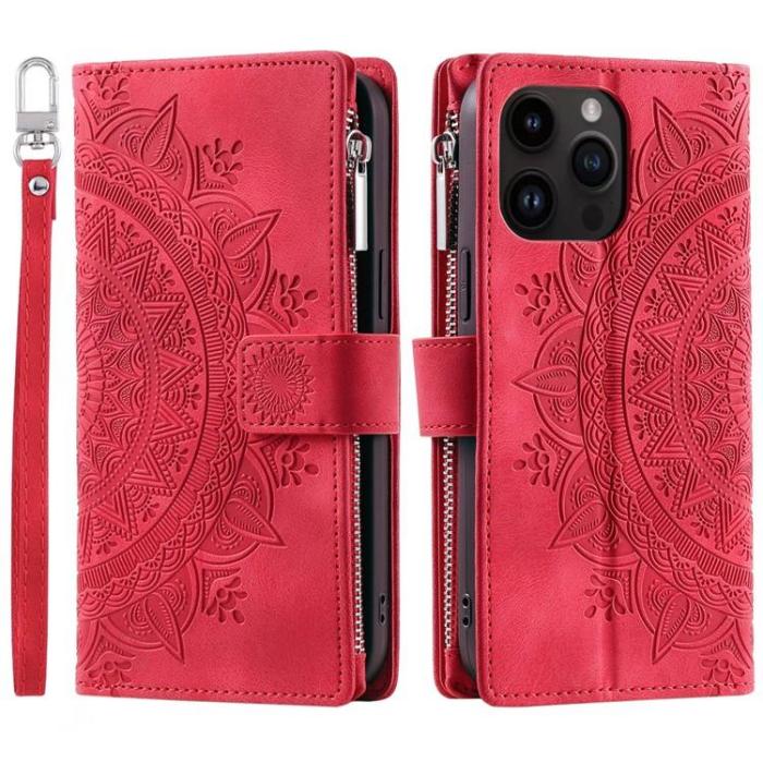 OEM - iPhone 15 Pro Plånboksfodral Mandala Flower Imprinted - Röd