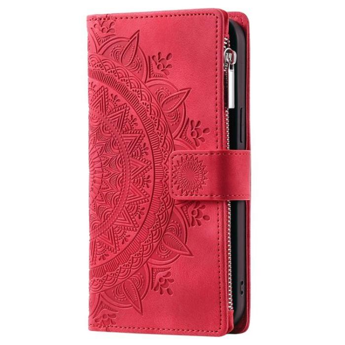 OEM - iPhone 15 Pro Plånboksfodral Mandala Flower Imprinted - Röd