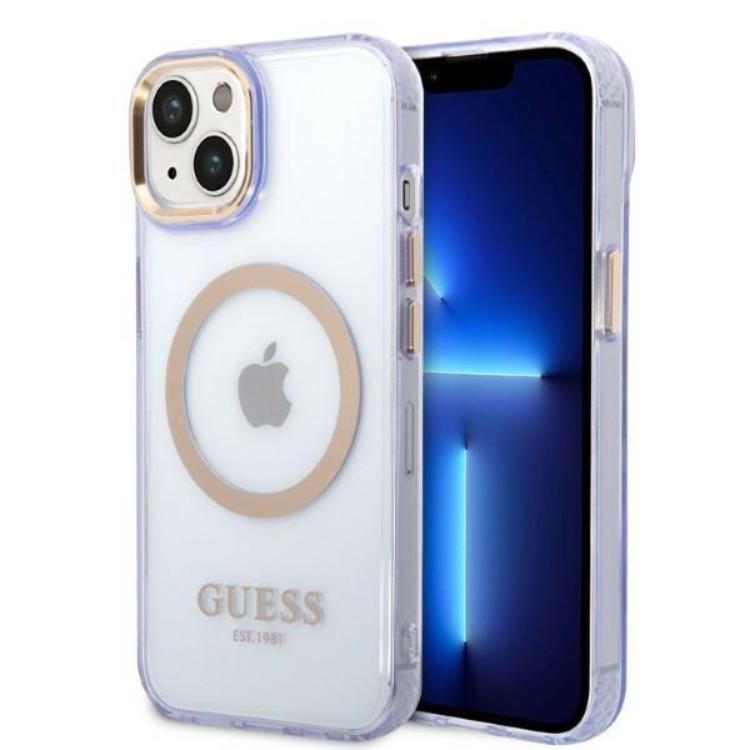 GUESS iPhone 14 Skal MagSafe Gold Outline Translucent - Lila | 2353 | AlltMobil