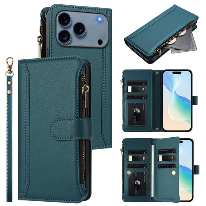 A-One Brand - iPhone 17 Pro Plånboksfodral Zipper Med Rem - Mörkgrön