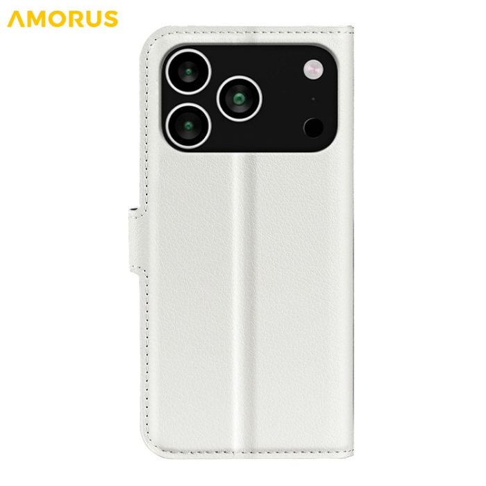Amorus - AMORUS iPhone 17 Pro Max Plånboksfodral Flipstativ Litchi - Vit