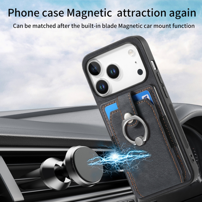 A-One Brand - iPhone 17 Pro Mobilskal med Korthållare Läder Kickstand - Svart