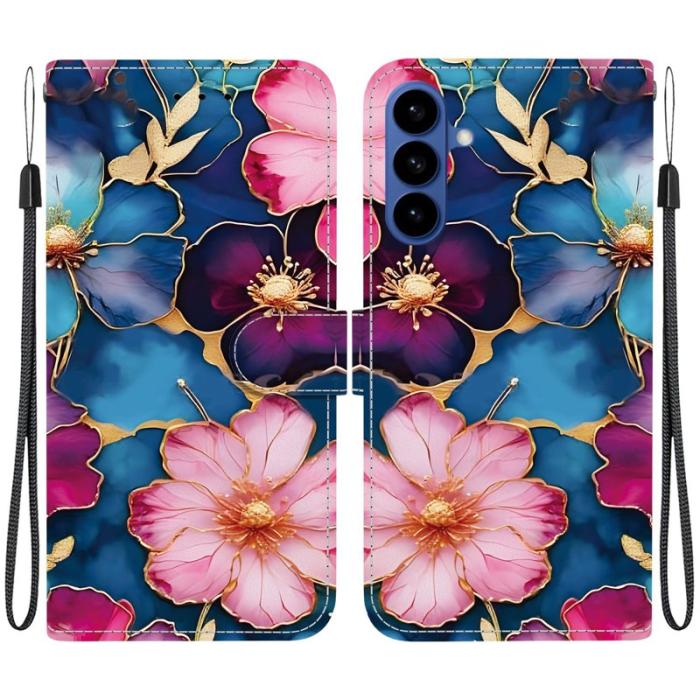 OEM - Samsung Galaxy S26 Plånboksfodral Mönstertryck Konstläder Ställ Blå Guld Blomma