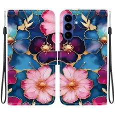 OEM - Samsung Galaxy S26 Pl&aring;nboksfodral M&ouml;nstertryck Konstl&auml;der St&auml;ll Bl&aring; Guld Blomma