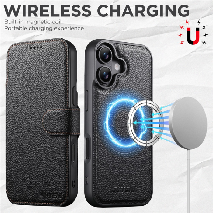 SUTENI - SUTENI iPhone 17 Plånboksfodral MagSafe Detachable Litchi