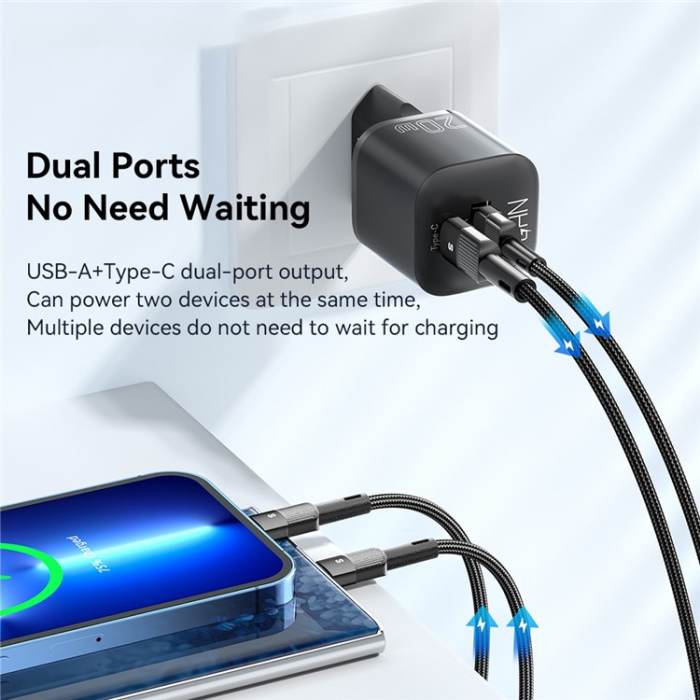 ESSAGER - ESSAGER GaN Snabbladdare 20W USB-A - USB-C EU Curved - Svart