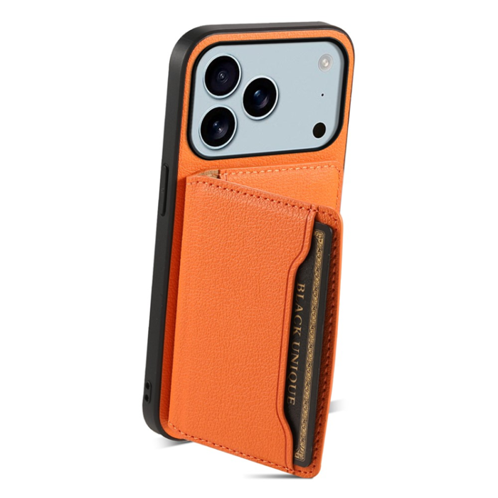 A-One Brand - iPhone 17 Pro Mobilskal Korthållare Calf Kickstand Läder - Orange