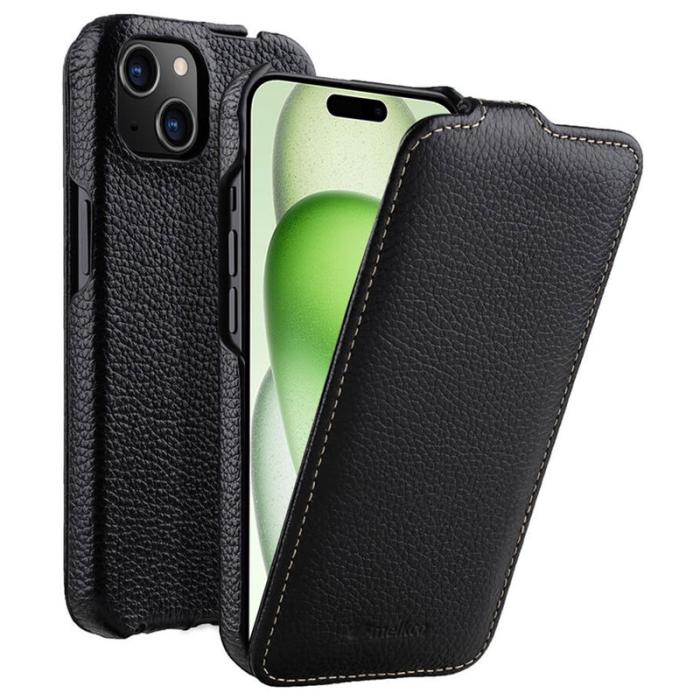 Melkco - MELKCO Mobilskal till iPhone 15 Plus Vertikalt Flip Äkta Läder + PC Svart