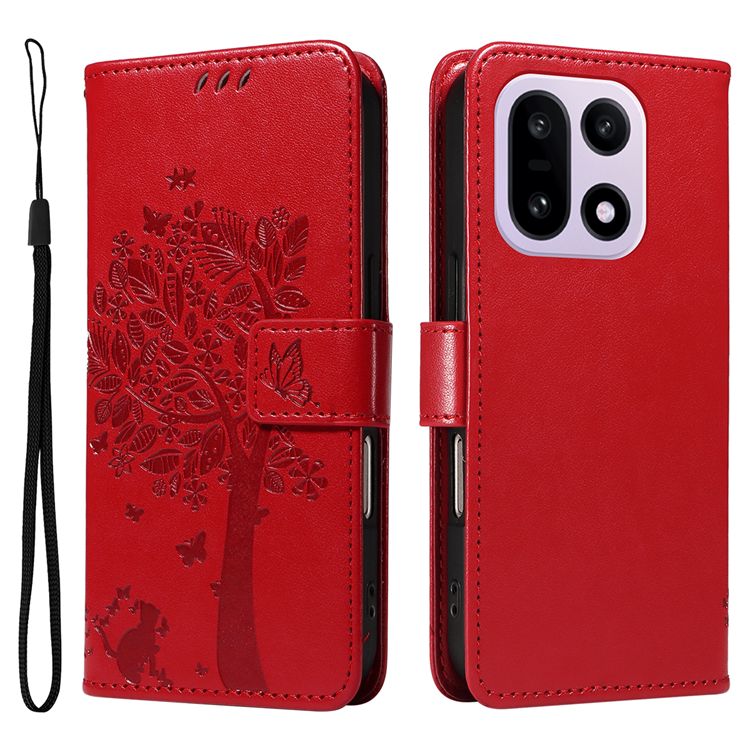 OnePlus 15 5G Plånboksfodral Cat Tree Pattern Konstläder (Röd) | 2353 | AlltMobil