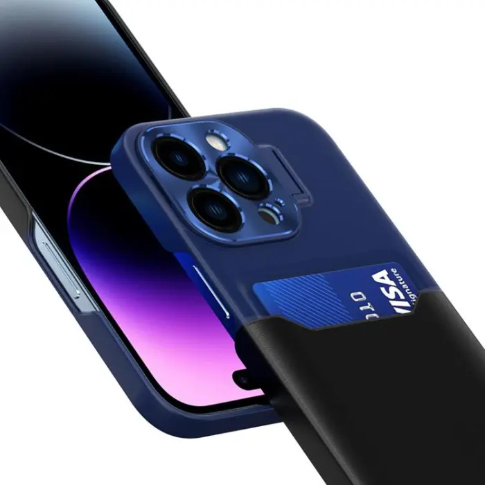 OEM - iPhone 14 Plus Skal Korthållare Läder Kickstand - Blå