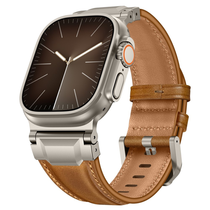A-One Brand - Apple Watch (42/44/45/46/49mm) Armband Cowhide Läder - Mörkbrun/Titanium