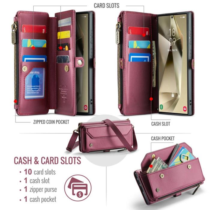 Caseme - CASEME Plånboksfodral Konstläder för Samsung Galaxy S24 Ultra - Vinröd