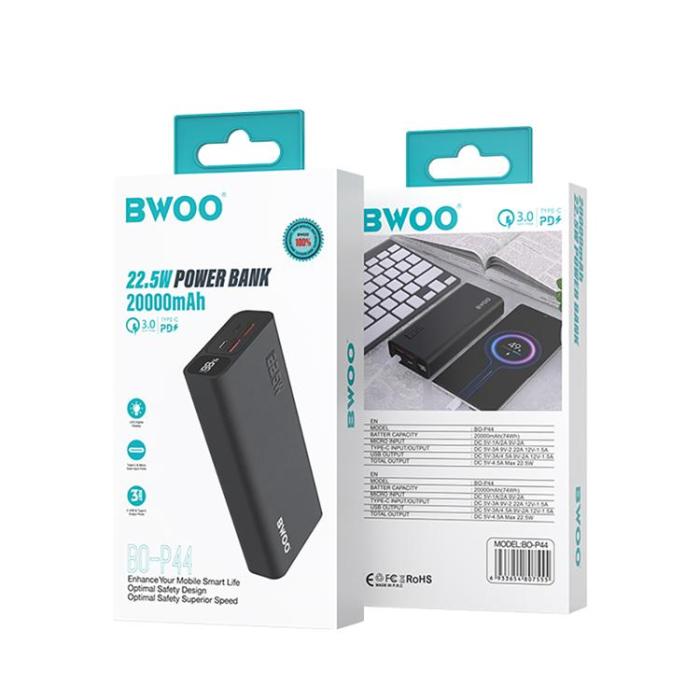 BWOO - BWOO Powerbank 20000 mAh 22.5W med LCD-skärm - Svart