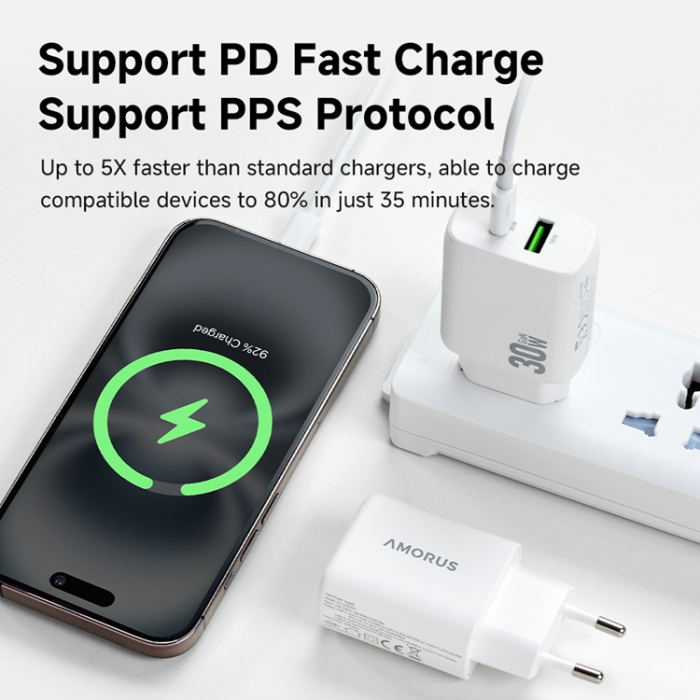 Amorus - AMORUS GaN Snabbladdare 30W USB-C - USB-A EU PD - Vit