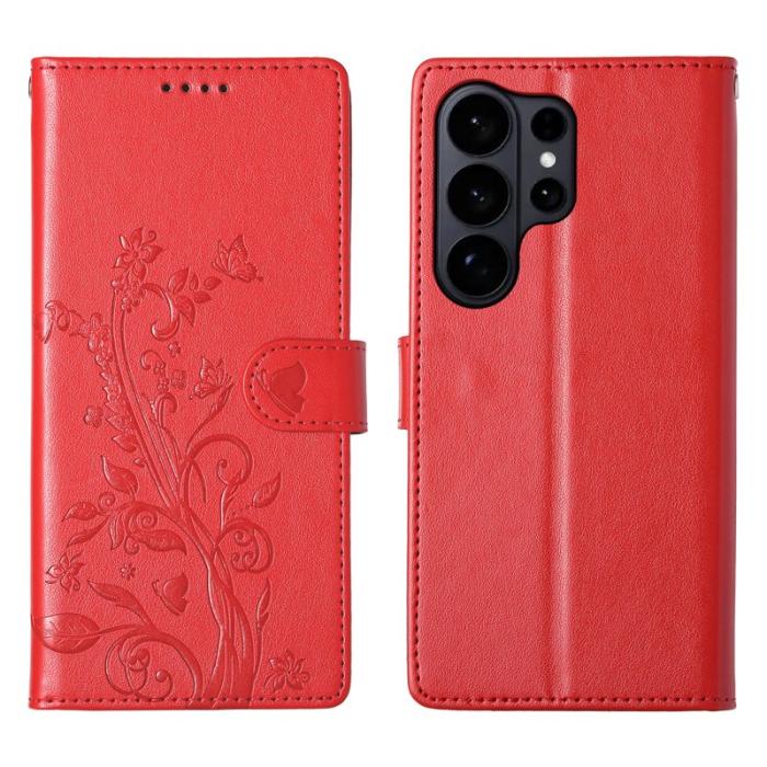 OEM - Samsung Galaxy S26 Ultra Fodral PU Läder Blomtryck - Röd