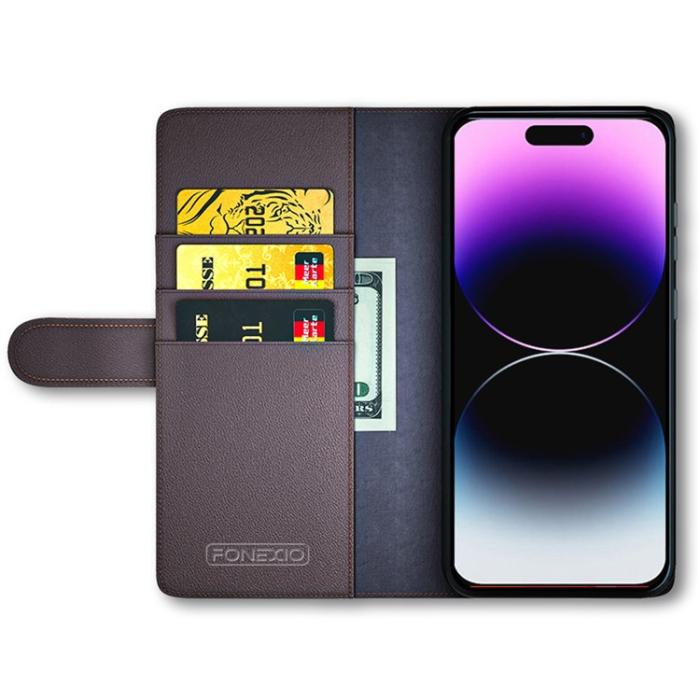 OEM - iPhone 15 Pro Max Plånboksfodral Äkta Läder Anti-Dust - Brun