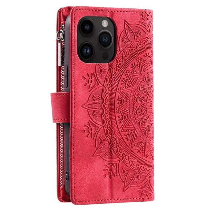 OEM - iPhone 15 Pro Plånboksfodral Mandala Flower Imprinted - Röd